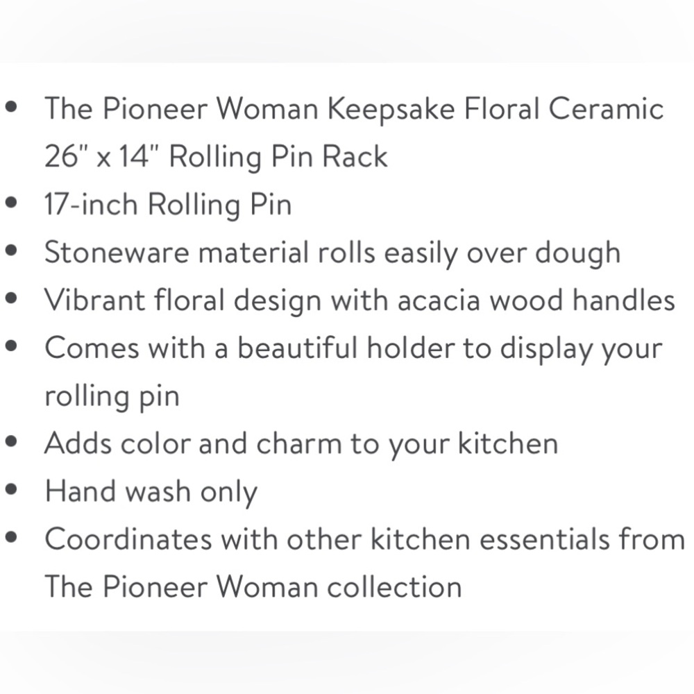 🌺 New Pioneer Woman Keepsake Floral Ceramic Rolling Pin & Rolling Pin Rack - Picture 5 of 11